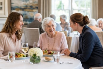 Adult Daughter Tours Senior Living Community with Elegant Dining Experience