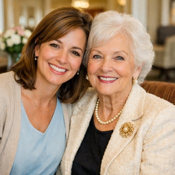 Happy Daughter Mother Smiling Camera Old Lady Senior Living Well Dressed-1-1 Happy Daughter Mother Smiling Camera Old Lady Senior Living Well Dressed-1-1