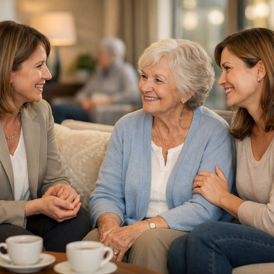 Senior Living Advisor Conversing with Family in Modern Lounge-1-1 Senior Living Advisor Conversing with Family in Modern Lounge-1-1